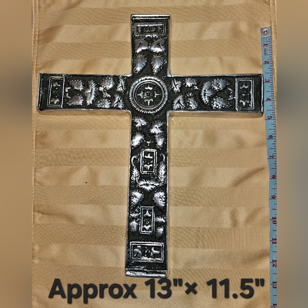 Large Aluminum Cross Silver Pewter Wall Hanging Grape Ornate Approx 13"×11" EUC